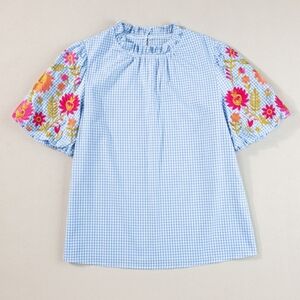 Blue Gingham Top with Floral Embroidered Sleeves